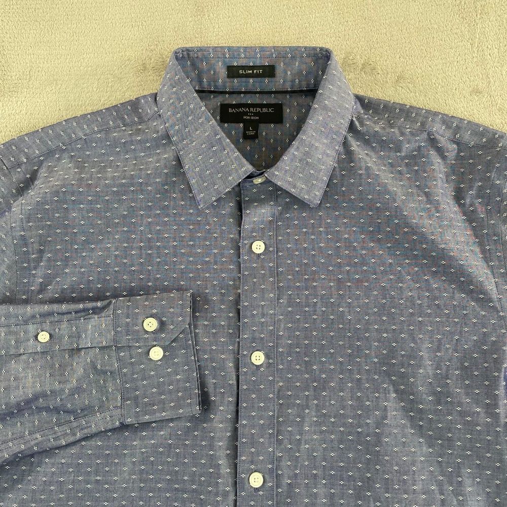 Banana Republic Shirt Men Large Blue Geometric‎ Non Iron Slim Fit Chambray NWOT